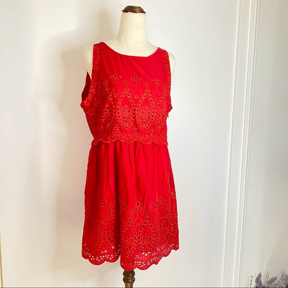 Sabo Skirt Mini Dress Red Sleeveless Eyelet Spring Summer 12 Medium - Picture 9 of 11